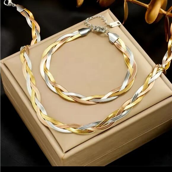 Elegant Tri-Color Braided Necklace and Bracelet Set - Picture 1 of 4